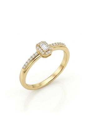 14K Gold Plated Baguette & Round Cubic Zirconia Halo Ring | Dainty Gold Jewelry